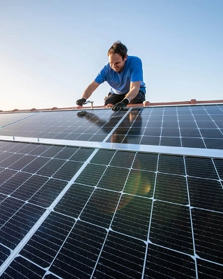 Mann installiert auf einem Dach eines Eigenheims eine Photovoltaikanlage. 